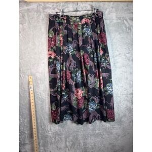 KATHIE‎ LEE Skirt Women 8 Black Floral Paisley Pleated Midi Made USA 90s